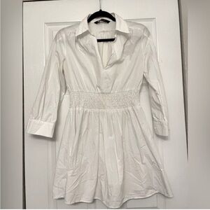 Zara White Collared Mini Dress with Smocked Waist